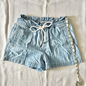 LOFT chambray + white pinstripe paper bag” high-waisted drawstring shorts